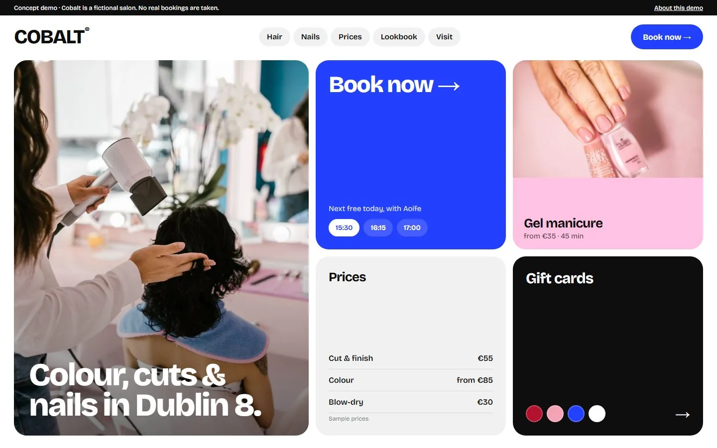 Cobalt Hair & Nails: eine Konzept-Startseite für einen Salon mit Leistungen, Preisen und einem Buchungsbutton.