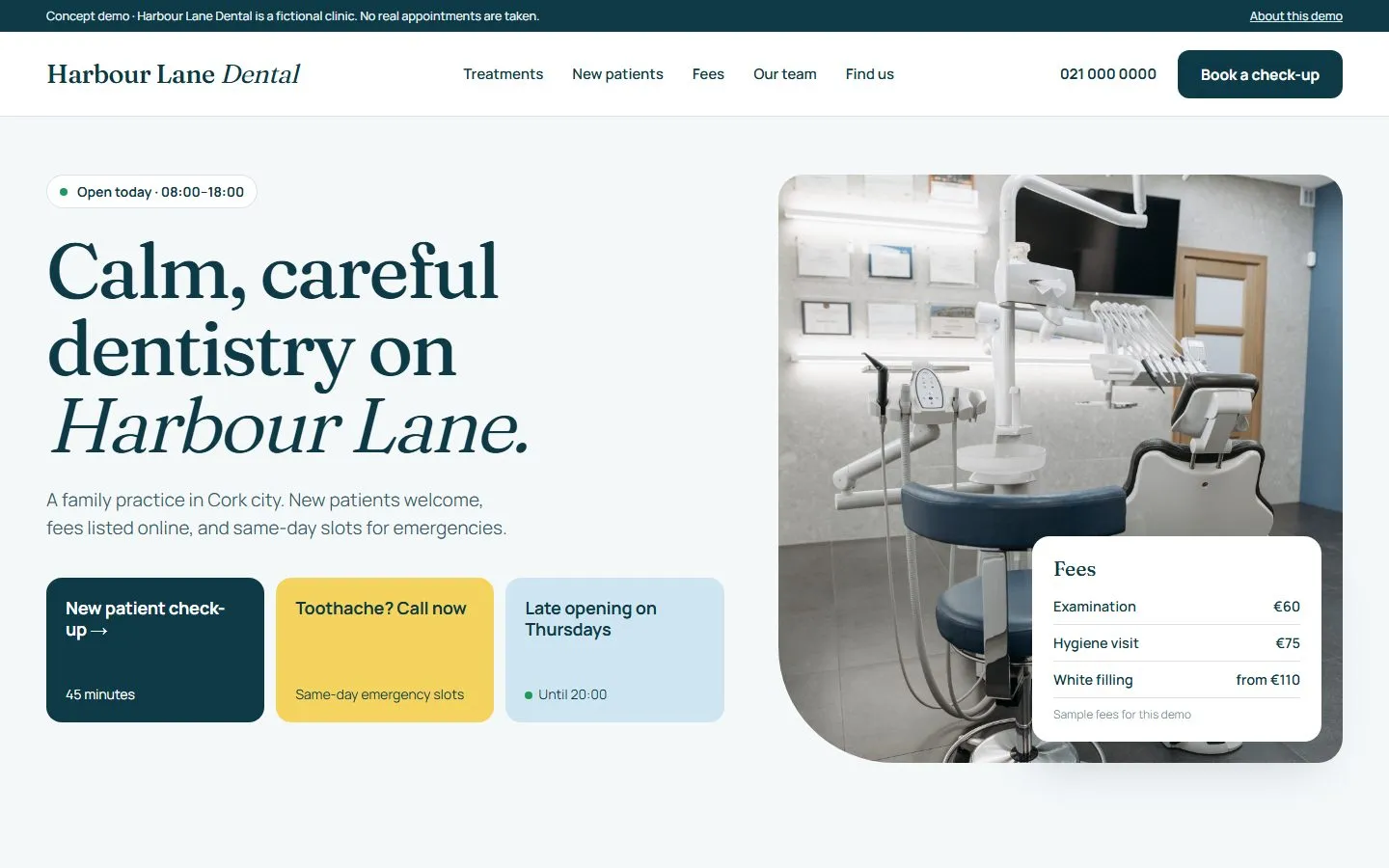 Harbour Lane Dental: la homepage concettuale di uno studio con trattamenti, tariffe e un modo semplice per richiedere un appuntamento.