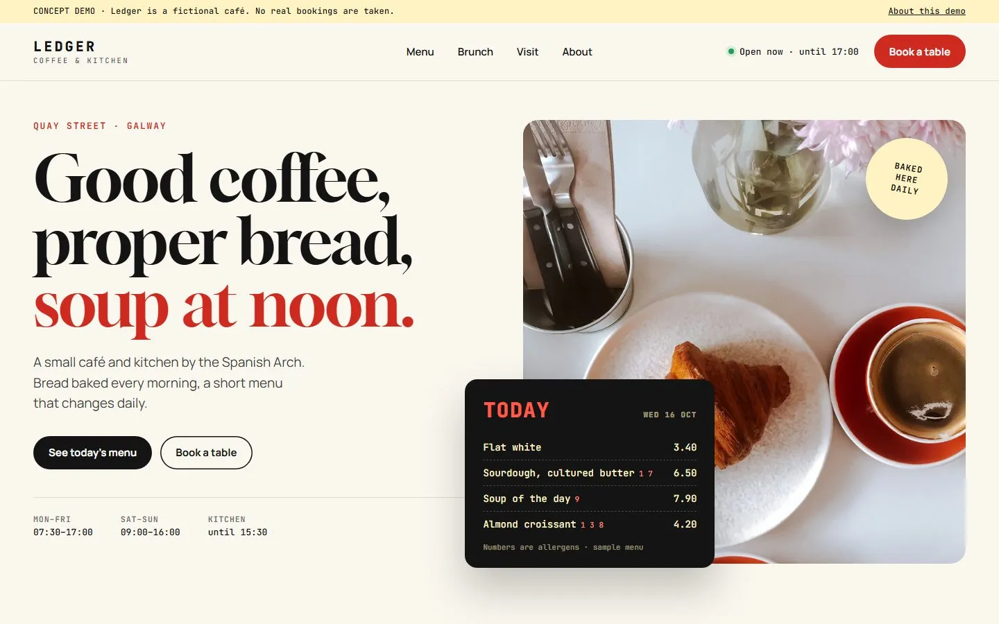 Ledger Coffee & Kitchen: a concept café homepage with opening hours, the menu with allergens and directions.