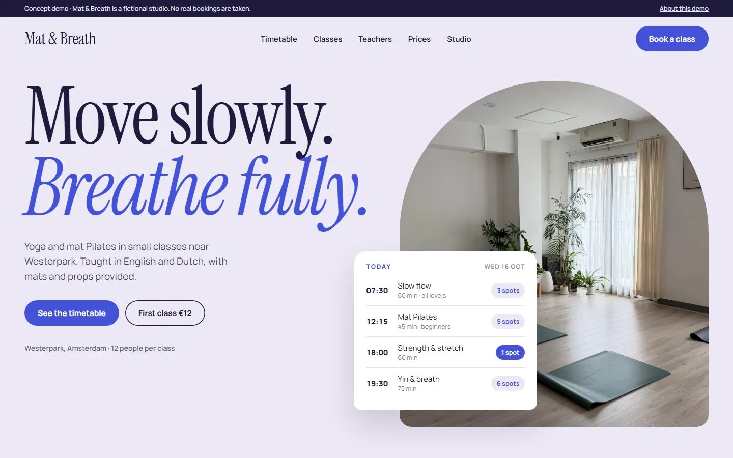 Entwurf der Startseite für Mat & Breath, eine Konzeptdemo