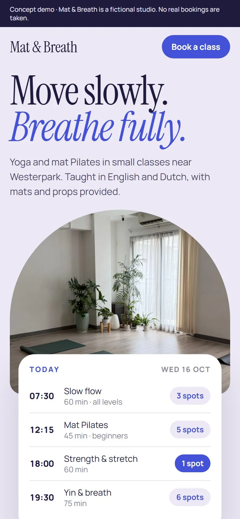 Mat & Breath, Konzeptdemo einer Yoga-Website, auf einem Handy