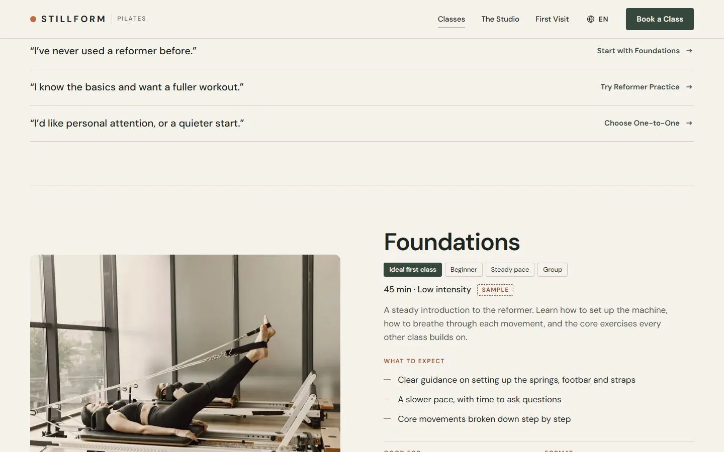 Die Kursseite der Demo von Stillform Pilates