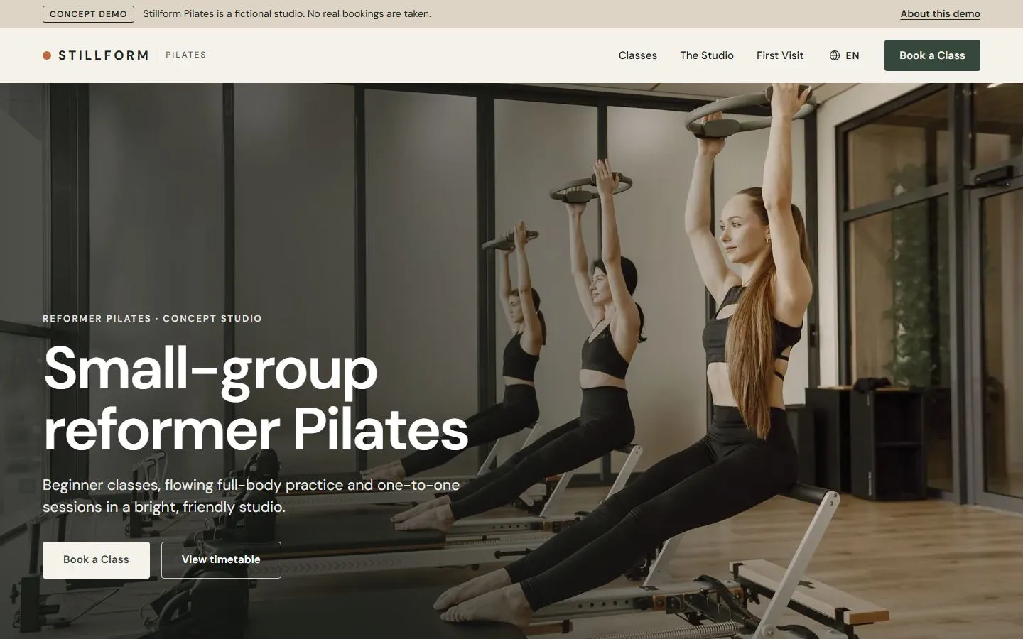 Stillform Pilates: a concept reformer studio site with classes, a weekly timetable, a first-visit guide and prices, shown in twelve languages, with a booking button on every page.